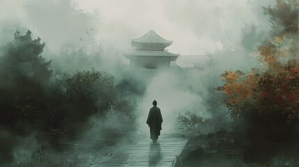 Enigmatic Ethereal Character Shrouded in Mystical Mist Amid Serene Zen Garden Landscape