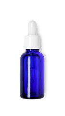 Bottle of essential oil isolated on white, top view