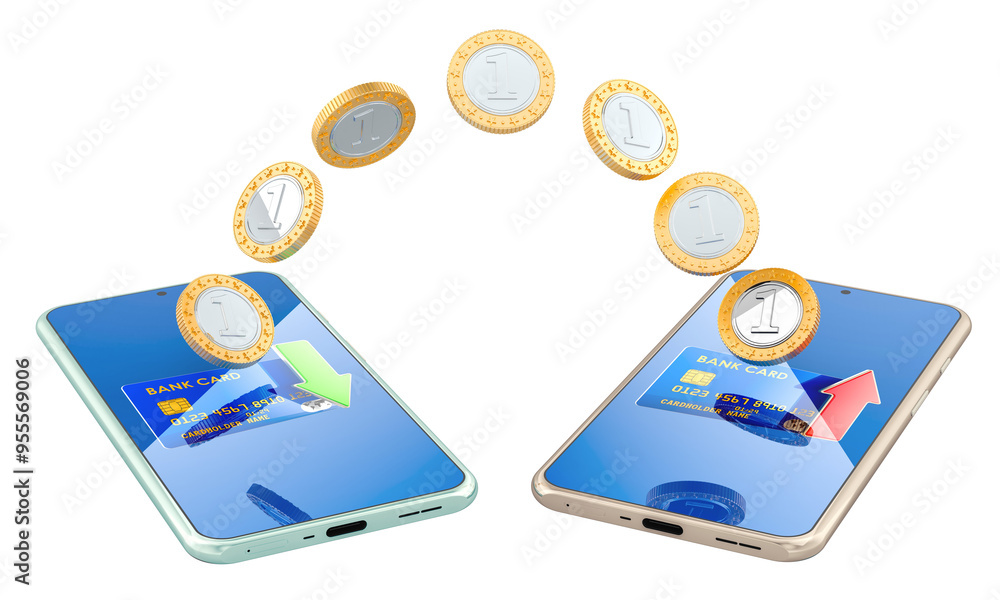 Aufkleber coins moving between mobile phone for money transfer, electronic transaction concept. 3d rendering i