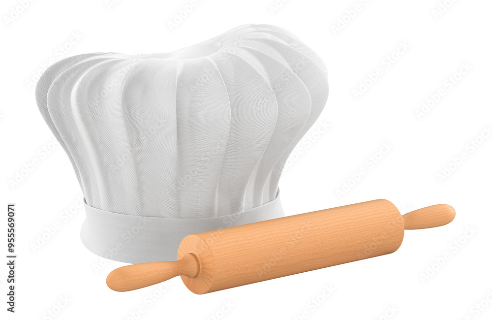 Poster chef hat with kitchen rolling pin, 3d rendering isolated on transparent background