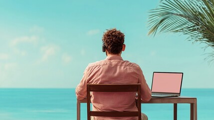Fototapeta premium A digital nomad working on a laptop at a beachside cafe, video conferencing with office colleagues, warm and vibrant tones, realistic rendering.