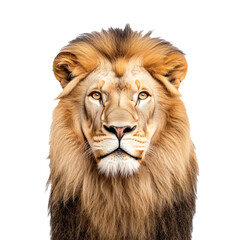 Fototapeta premium Powerful male lion with a flowing golden mane and intense gaze isolated on a transparent background 