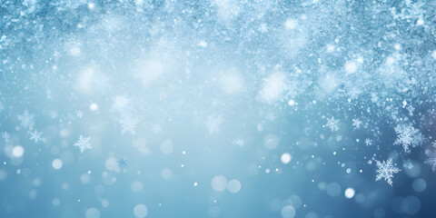 Fototapeta premium Abstract blue Christmas background with white snowfkales, free copy space for text