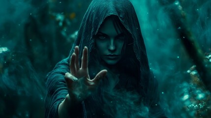 Mysterious Hooded Enchantress Weaving Intricate Spellcasting Gestures in Dreamlike Moonlit Forest