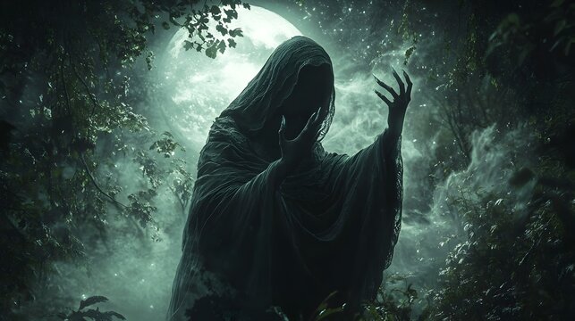 Hooded Enchantress Weaving Intricate Mystical Gestures in Moonlit Forest Clearing