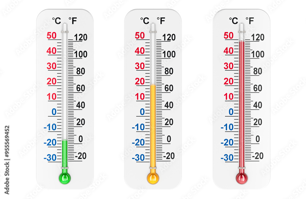 Poster set of thermometers with cold, warm and hot temperatures. 3d rendering isolated on transparent backg