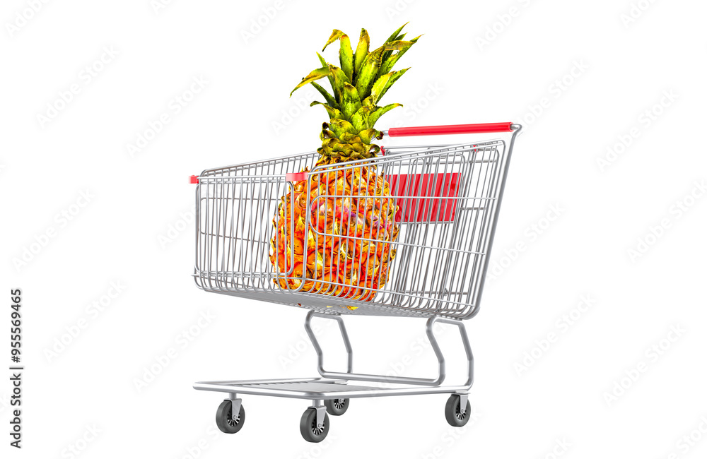 Poster shopping cart with pineapple. 3d rendering isolated on transparent background