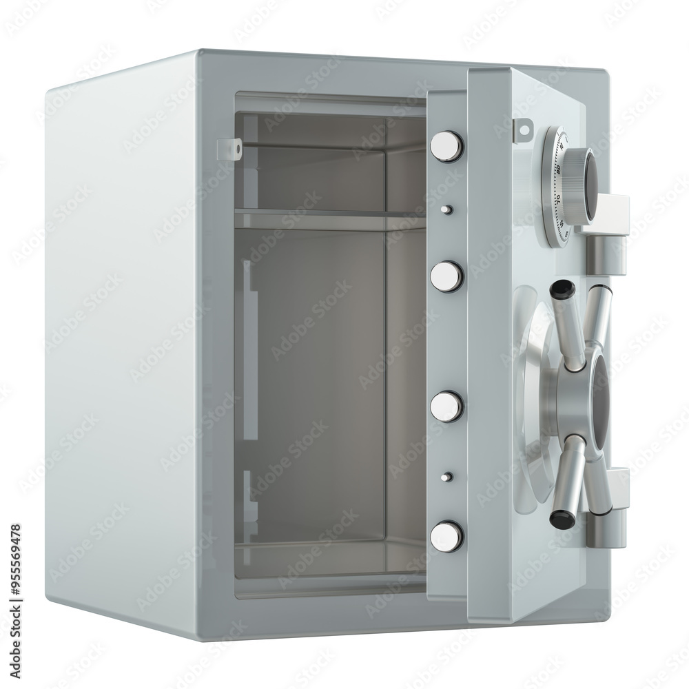 Poster safe box with combination lock. opened, empty. 3d rendering isolated on transparent background