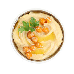 Delicious hummus with olive oil, chickpeas and parsley isolated on white, top view