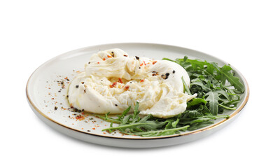 Delicious burrata cheese, arugula and spices isolated on white