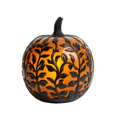 Pumpkin shaped table lamp with a warm orange glow and intricate vine designs isolated on a transparent background 