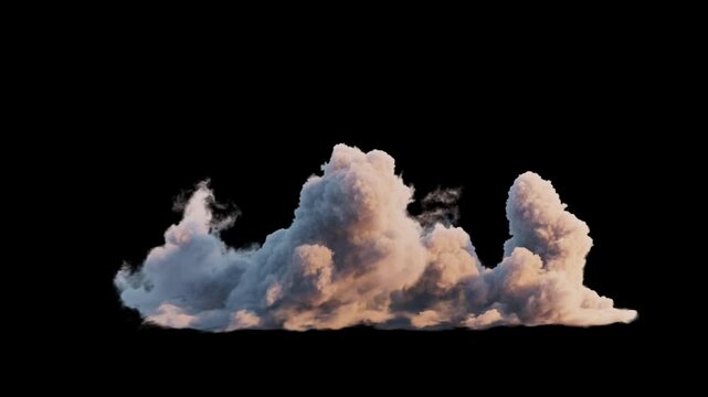 4k cloud loop. beautiful fast billowing cloud isolated on black background with alpha Matte, in beautiful sunset light, popular compositing element