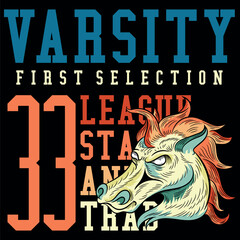 Obraz premium Illustration of a horse or unicorn in tattoo style with college, university, urban and beach sports texts, numbers in textile patches and gradient backgrounds.