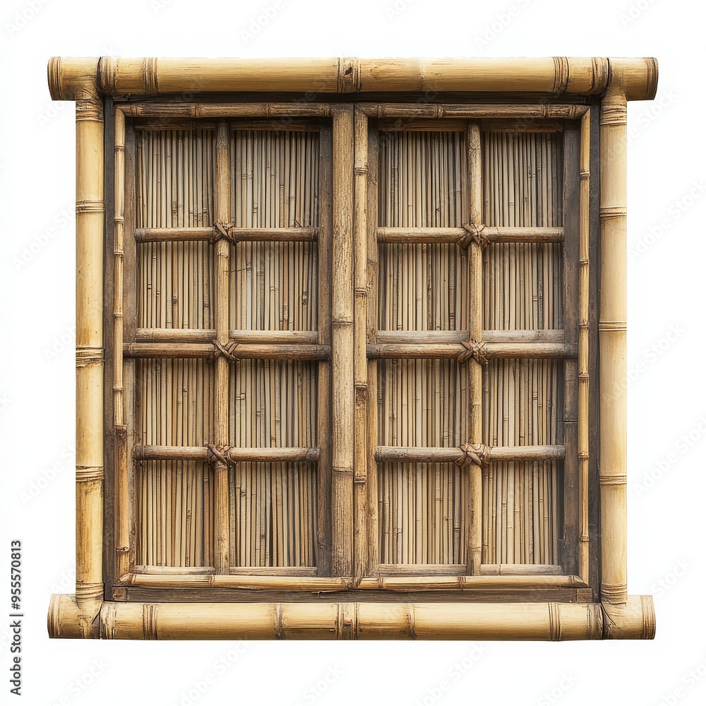 Poster a rustic bamboo window frame with intricate detailing isolated on a white background showcasing craf