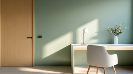 Hotel office with an armchair and a table by the window is made in a minimalist style of the 70s