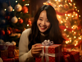 Very happy and surprised asian girl with a present box, blurry Christmas tree lights in background 