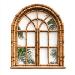 A beautifully designed arched window with a bamboo frame showcasing lush greenery in a bright isolated white setting