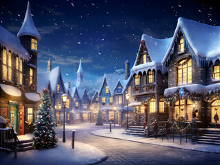 Fototapeta premium Illustration of a small village in winter at night wit lights 