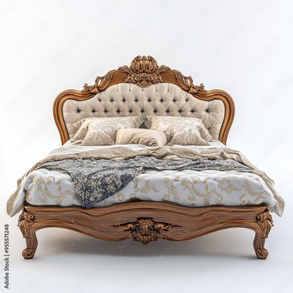 Poster elegant vintage bed with ornate headboard and plush bedding arranged on a soft fabric in an isolated