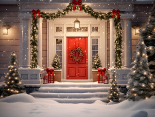Christmas decorated front door with lights in winter