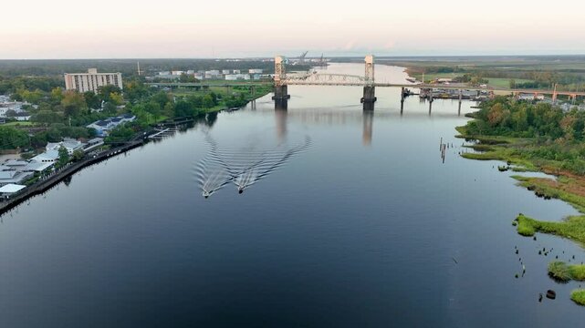 Aerial view of the Cape Fear Memorial Bridge spanning the Cape Fear River