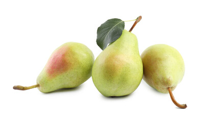 Fresh ripe pears with green leaf isolated on white