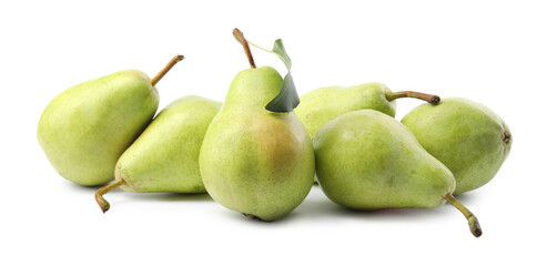Fresh ripe pears with green leaf isolated on white