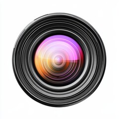 Close up view of a camera lens isolated on a white background highlighting its intricate details and colorful aperture design