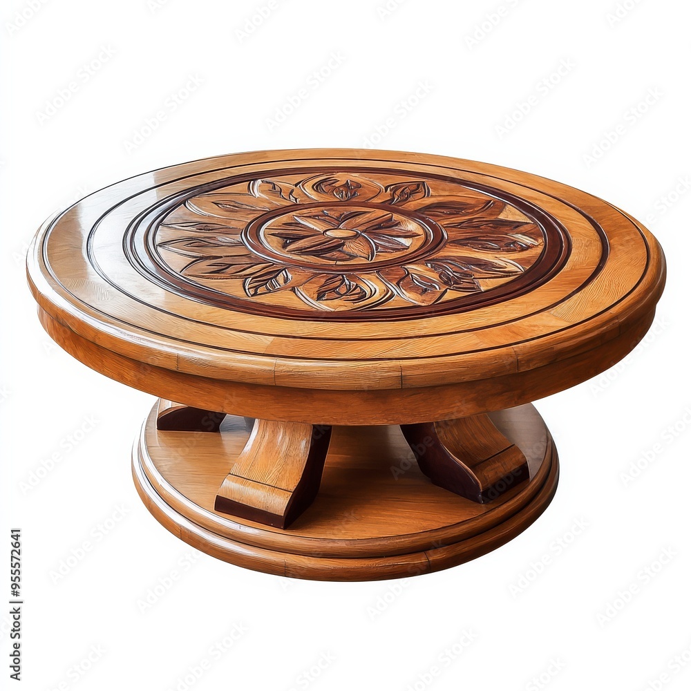 Poster elegant round wooden table with intricate carvings on an isolated white background showcasing crafts