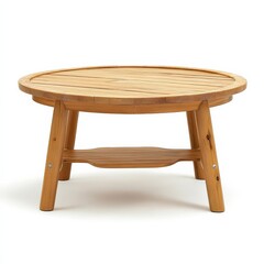 A simple wooden round table on a white background ideal for indoor or outdoor use combining natural beauty with functionality