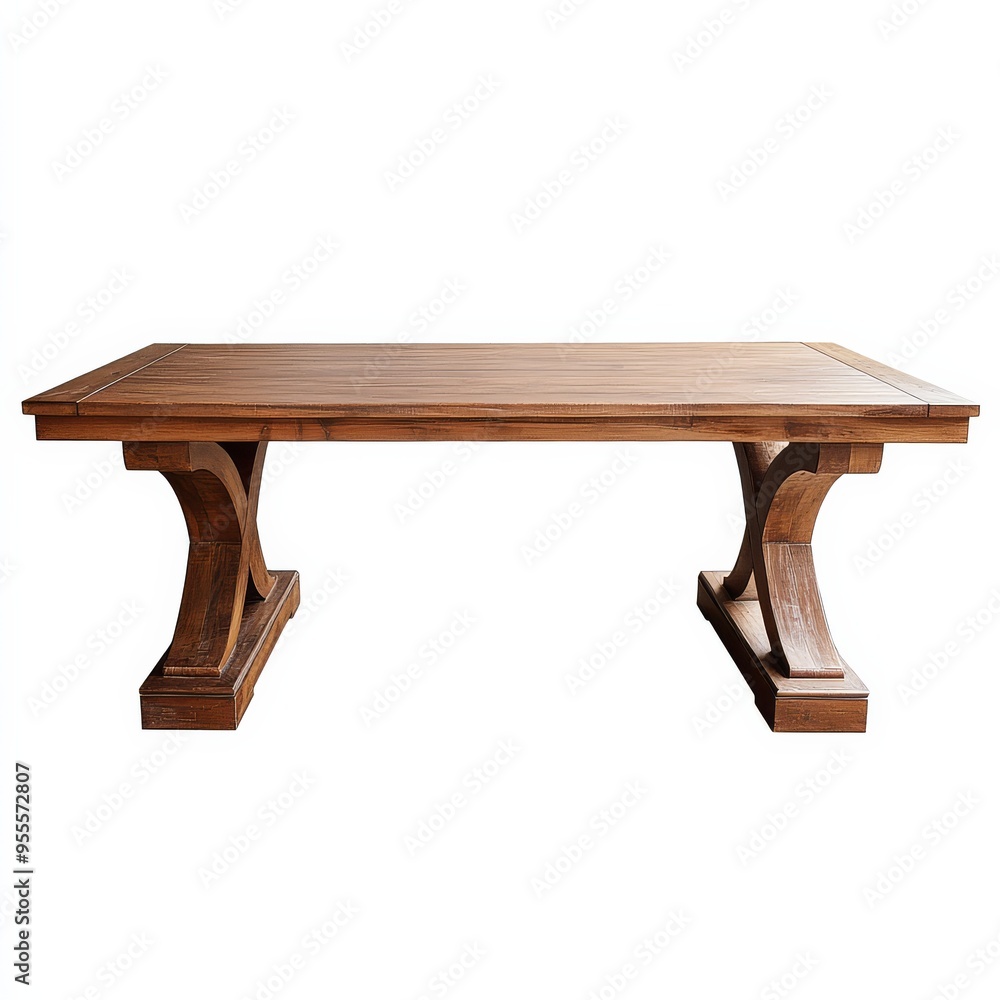 Poster A rustic wooden table with a sturdy base displayed against a plain white backdrop suitable for various settings and occasions