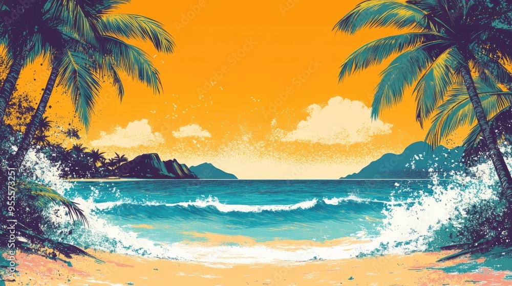 Poster a tropical paradise background with palm trees and ocean waves, capturing the essence of spring brea