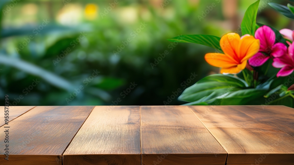 Poster a wooden table with a view of a lush green garden. the table is empty and the garden is full of flow