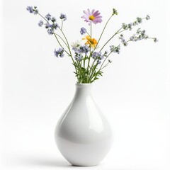 A simple white vase with colorful wildflowers placed on a white background highlighting natures beauty and elegance