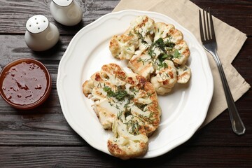 Delicious grilled cauliflower steaks with sauce and spices on wooden table, flat lay