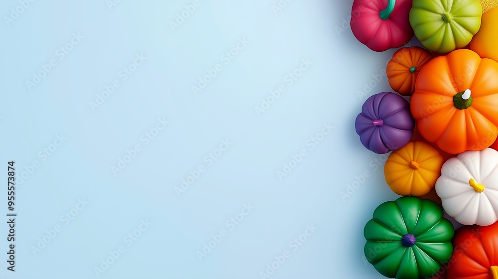 Poster a blue background with a row of colorful pumpkins on it. the pumpkins are of different colors and si