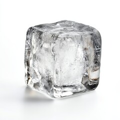 Obraz premium A clear ice cube isolated on a white background showcasing its crystalline structure and smooth surface