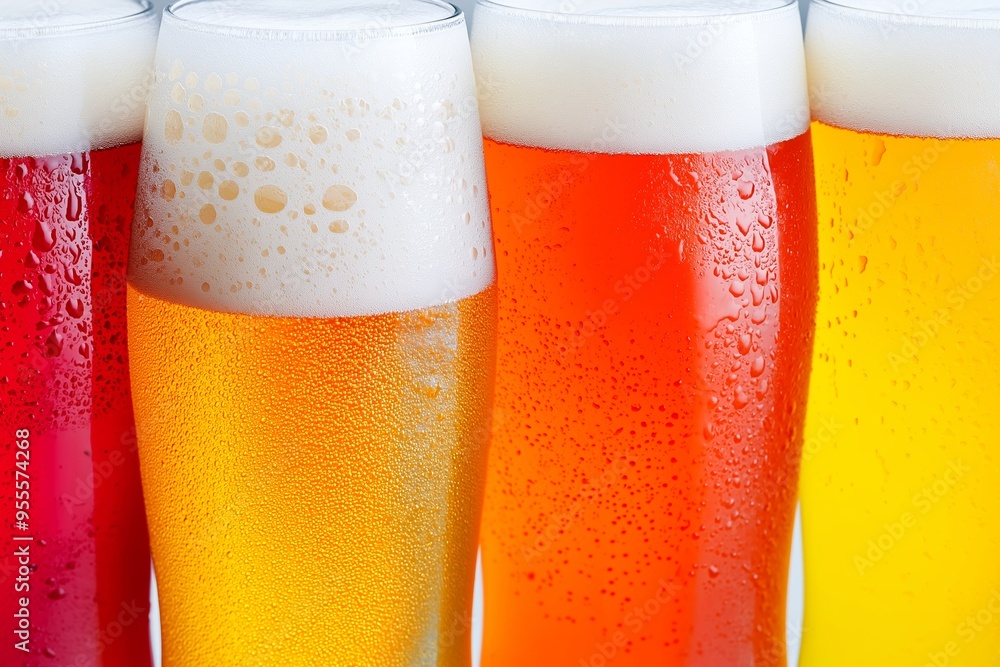 Poster a row of glasses with different colored liquids in them. the glasses are arranged in a row, with the