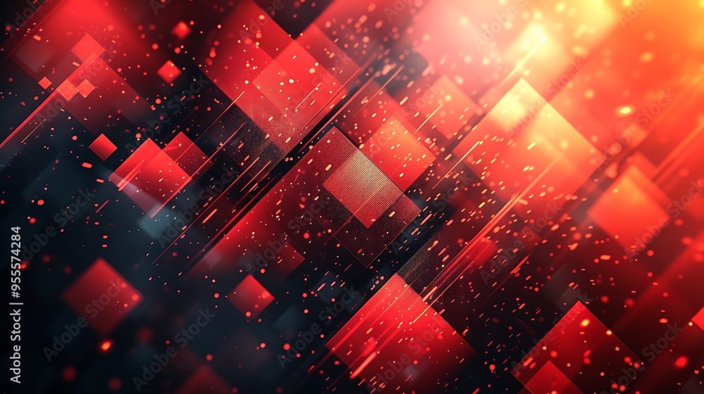 Poster abstract red and black background with diagonal lines and squares, creating a futuristic and dynamic