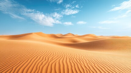 A vast desert landscape with rolling sand dunes and a clear blue sky, capturing the expansive and serene beauty of the desert environment.