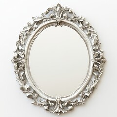 Elegant oval mirror with intricate silver frame on a white background perfect for home decor or interior design