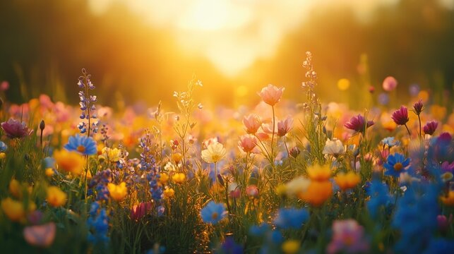 A vast field of wildflowers in full bloom, offering a vibrant and colorful nature scene with space for messaging.