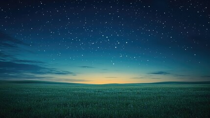 Fototapeta premium A vast open field at dusk, with the sky dotted with emerging stars and the horizon fading into night, offering a peaceful and serene scene with space for text.