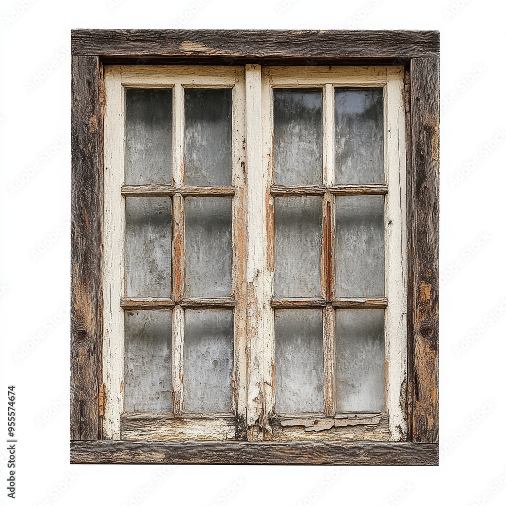 Poster old wooden window framed in white isolated setting showcasing rustic charm and weathered features wi