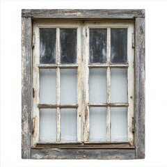 Rustic wooden window isolated against a white backdrop with a weathered frame and clear glass panes that enhance its vintage charm