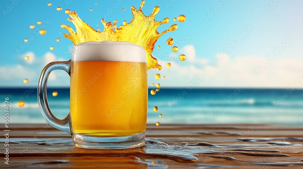 Aufkleber a glass of beer is poured into a glass on a table by the ocean. the ocean is visible in the backgrou
