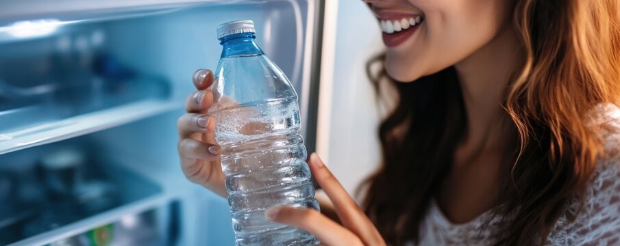 Close-up of a smiling woman taking a chilled water bottle from the refrigerator, emphasizing freshness and hydration on a warm day - Powered by Adobe
