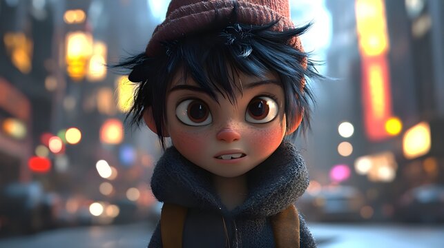 Mischievous Street Urchin in Tattered Attire with Cheeky Expression in Cinematic Urban Cityscape