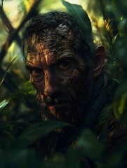 Weathered Adventurer Traversing Lush Primeval Forest with Cinematic Grandeur