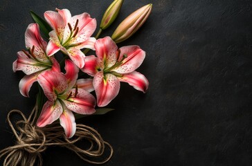 Pink Lilies Bouquet on Dark Background